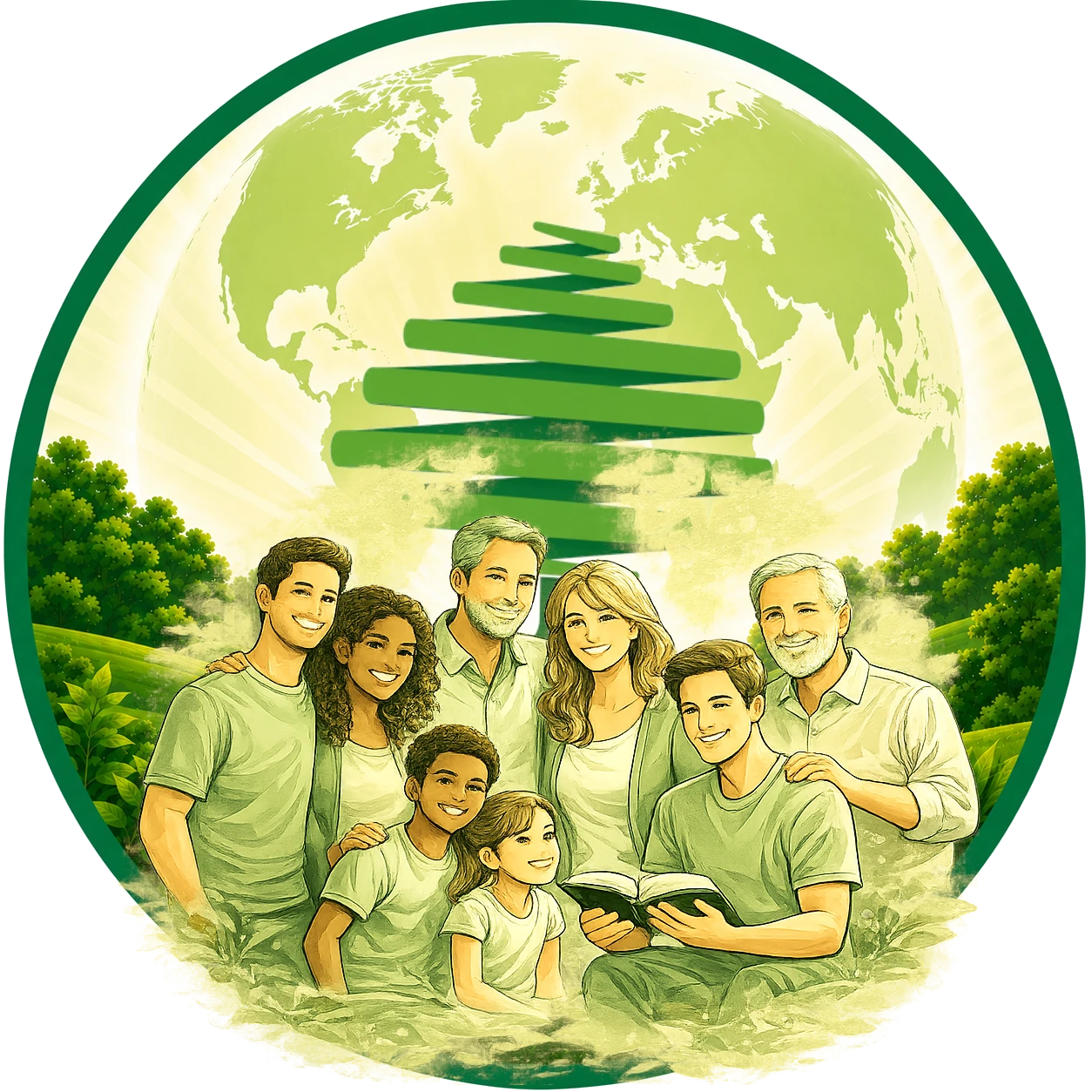 Ilustração de famílias reunidas na Igreja Cristã da Família